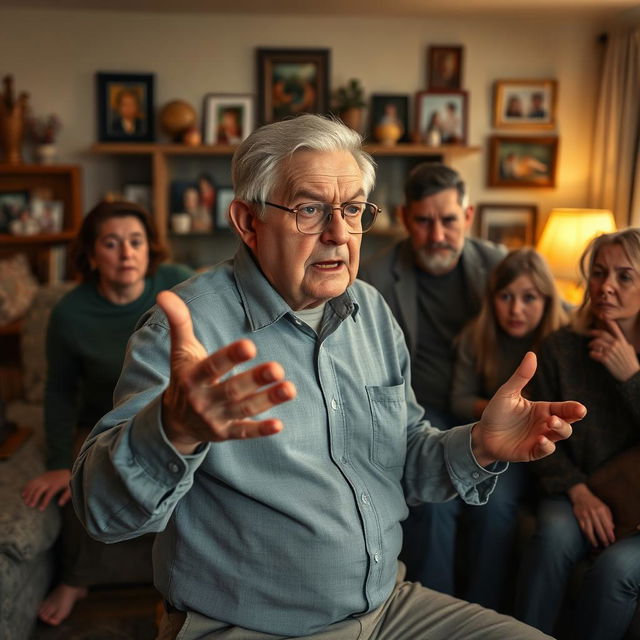 An elderly man in the midst of a heated family argument, displaying a range of emotions such as anger and frustration