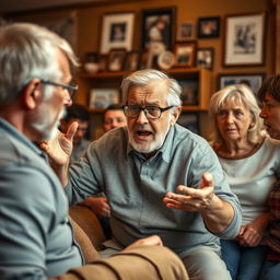 An elderly man in the midst of a heated family argument, displaying a range of emotions such as anger and frustration