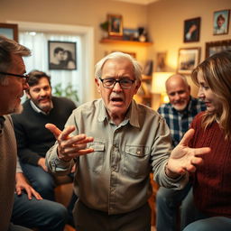 An elderly man in the midst of a heated family argument, displaying a range of emotions such as anger and frustration