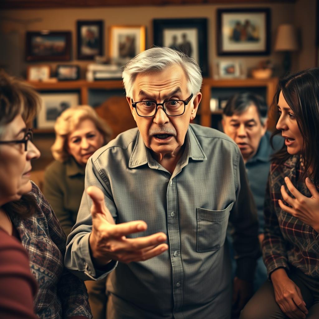 An elderly man in the midst of a heated family argument, displaying a range of emotions such as anger and frustration