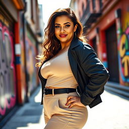 A curvy and confident woman in a stylish outfit standing against a vibrant urban backdrop, her expressive facial features radiating charm and allure