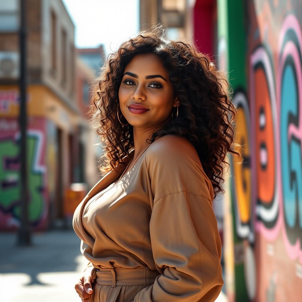 A curvy and confident woman in a stylish outfit standing against a vibrant urban backdrop, her expressive facial features radiating charm and allure