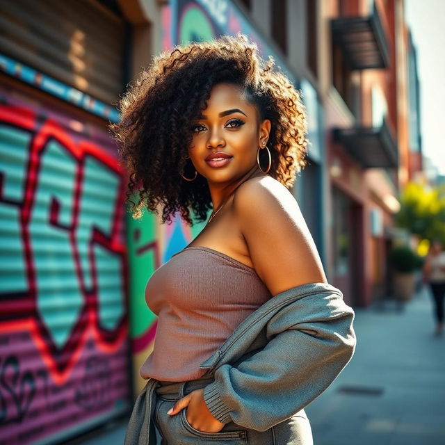 A curvy and confident woman in a stylish outfit standing against a vibrant urban backdrop, her expressive facial features radiating charm and allure