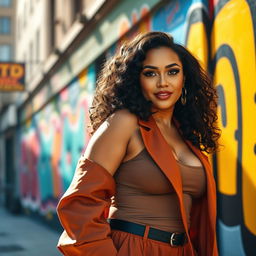 A curvy and confident woman in a stylish outfit standing against a vibrant urban backdrop, her expressive facial features radiating charm and allure