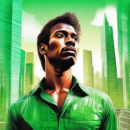 A high-quality digital art image featuring a man in a vibrant green shirt, his gaze cast upwards towards towering skyscrapers