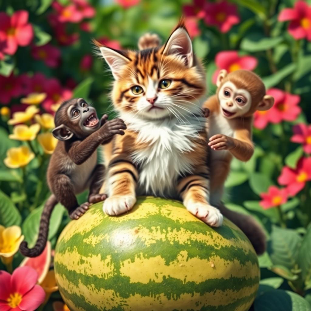 A cat sitting on a watermelon playfully swatting at a monkey, vibrant summer scene, the cat is fluffy and cute with distinct stripes, the watermelon is juicy and large, lush green background with bright flowers, the monkey appears mischievous, colorful tropical environment, sunny day, whimsical and fun atmosphere