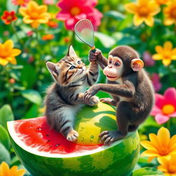 A cat sitting on a watermelon playfully swatting at a monkey, vibrant summer scene, the cat is fluffy and cute with distinct stripes, the watermelon is juicy and large, lush green background with bright flowers, the monkey appears mischievous, colorful tropical environment, sunny day, whimsical and fun atmosphere