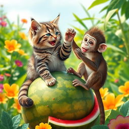 A cat sitting on a watermelon playfully swatting at a monkey, vibrant summer scene, the cat is fluffy and cute with distinct stripes, the watermelon is juicy and large, lush green background with bright flowers, the monkey appears mischievous, colorful tropical environment, sunny day, whimsical and fun atmosphere
