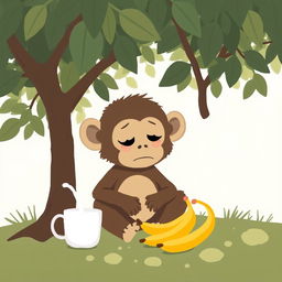 A cute little brown monkey sitting under a tree, looking helplessly at a bunch of bananas and a cup of milk placed in front of it