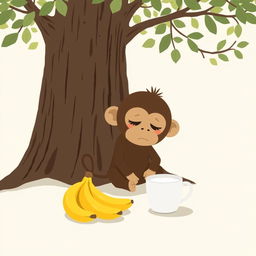 A cute little brown monkey sitting under a tree, looking helplessly at a bunch of bananas and a cup of milk placed in front of it