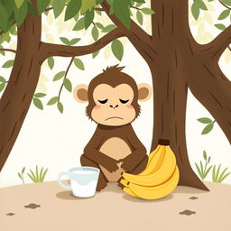 A cute little brown monkey sitting under a tree, looking helplessly at a bunch of bananas and a cup of milk placed in front of it