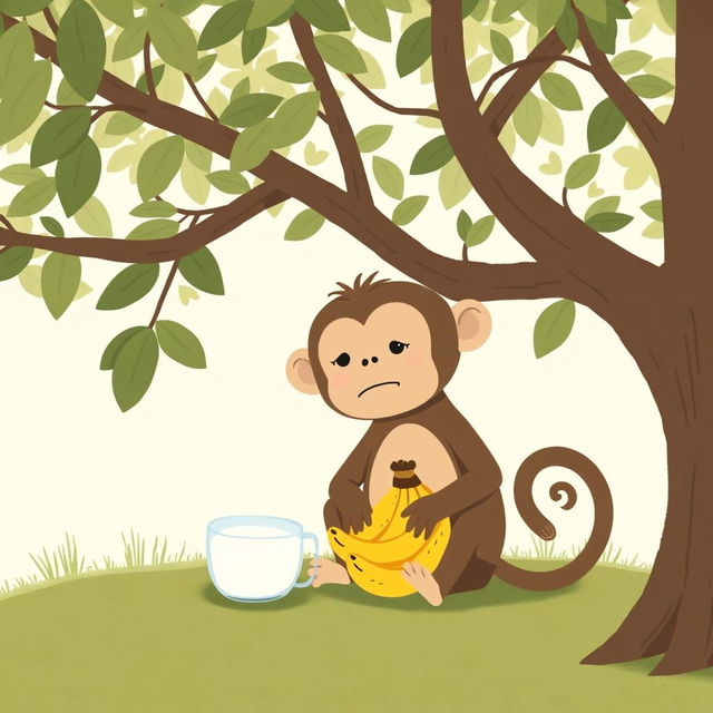 A cute little brown monkey sitting under a tree, looking helplessly at a bunch of bananas and a cup of milk placed in front of it