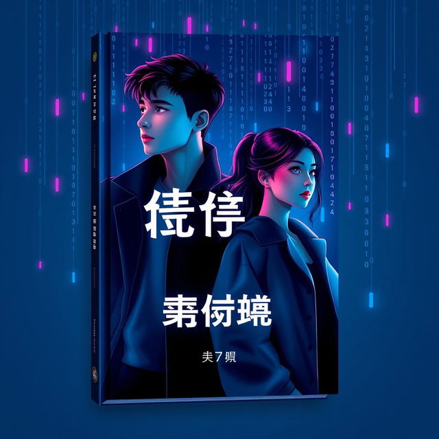 A book cover design featuring a deep, rich blue background infused with soft neon pink and cyan light effects