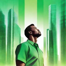 A high-quality digital art image featuring a man in a vibrant green shirt, his gaze cast upwards towards towering skyscrapers