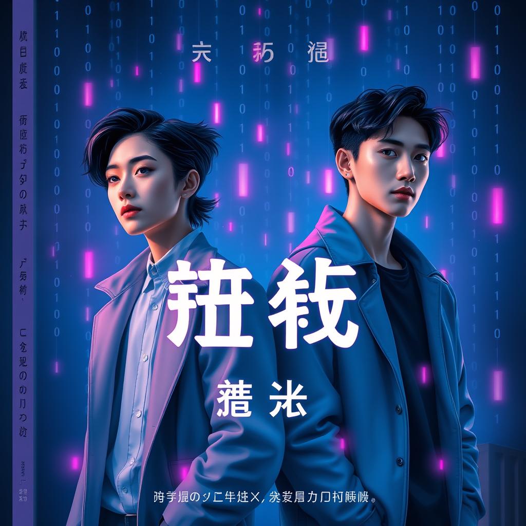 A book cover design featuring a deep, rich blue background infused with soft neon pink and cyan light effects