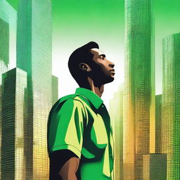 A high-quality digital art image featuring a man in a vibrant green shirt, his gaze cast upwards towards towering skyscrapers