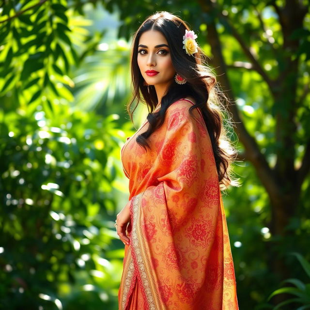 A beautiful woman draped in an elegant saree, with intricate patterns and vibrant colors, standing in a lush green garden