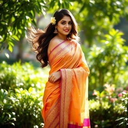 A beautiful woman draped in an elegant saree, with intricate patterns and vibrant colors, standing in a lush green garden