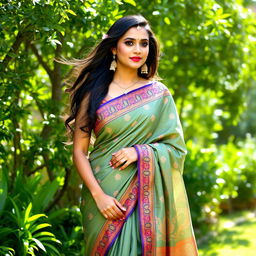A beautiful woman draped in an elegant saree, with intricate patterns and vibrant colors, standing in a lush green garden
