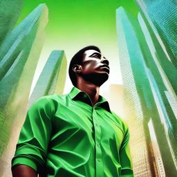 A high-quality digital art image featuring a man in a vibrant green shirt, his gaze cast upwards towards towering skyscrapers