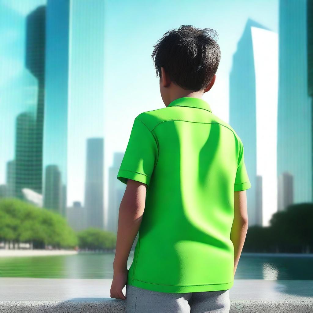 A photo-realistic 3D render of a young boy, dressed in a bright green shirt, standing with his back to the viewer