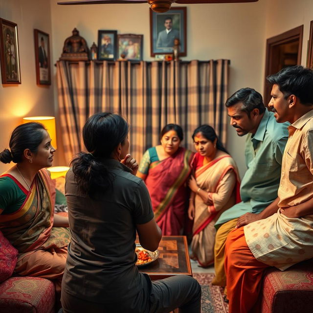 A tense scene in an Indian household where a family is arguing