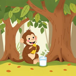 A cute little brown monkey with a happy expression sitting under a tree, happily eating a bunch of bananas