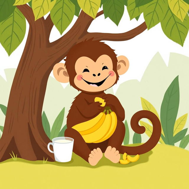 A cute little brown monkey with a happy expression sitting under a tree, happily eating a bunch of bananas