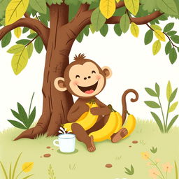 A cute little brown monkey with a happy expression sitting under a tree, happily eating a bunch of bananas