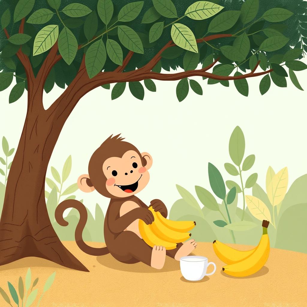 A cute little brown monkey with a happy expression sitting under a tree, happily eating a bunch of bananas