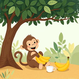 A cute little brown monkey with a happy expression sitting under a tree, happily eating a bunch of bananas