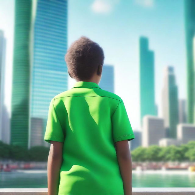 A photo-realistic 3D render of a young boy, dressed in a bright green shirt, standing with his back to the viewer