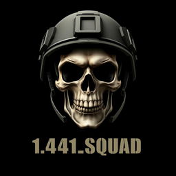A striking image of a skull wearing a modern military helmet, prominently displayed against a pure black background