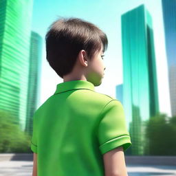 A photo-realistic 3D render of a young boy, dressed in a bright green shirt, standing with his back to the viewer