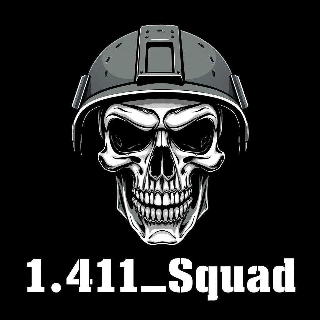 A striking image of a skull wearing a modern military helmet, prominently displayed against a pure black background