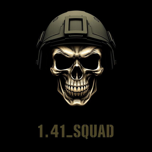 A striking image of a skull wearing a modern military helmet, prominently displayed against a pure black background