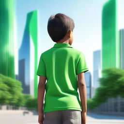 A photo-realistic 3D render of a young boy, dressed in a bright green shirt, standing with his back to the viewer