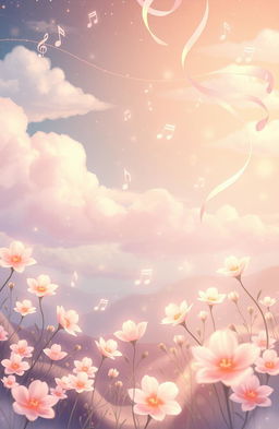 A dreamy, enchanting illustration that embodies the theme of 'melodi cinta' (melody of love) with soft, pastel colors