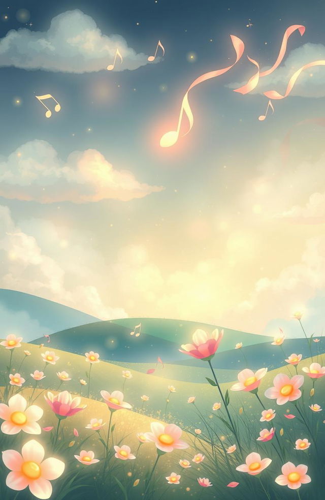 A dreamy, enchanting illustration that embodies the theme of 'melodi cinta' (melody of love) with soft, pastel colors