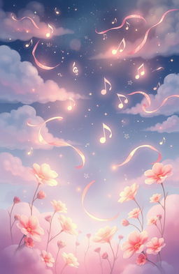 A dreamy, enchanting illustration that embodies the theme of 'melodi cinta' (melody of love) with soft, pastel colors