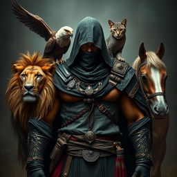 A powerful man dressed in ancient assassin attire, exuding a commanding presence