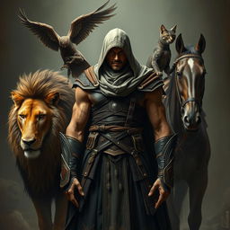A powerful man dressed in ancient assassin attire, exuding a commanding presence
