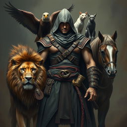 A powerful man dressed in ancient assassin attire, exuding a commanding presence