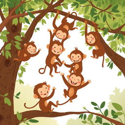 A group of cute little brown monkeys with happy expressions playing together in the treetops, illustrated in the distinctive style of Jon Klassen