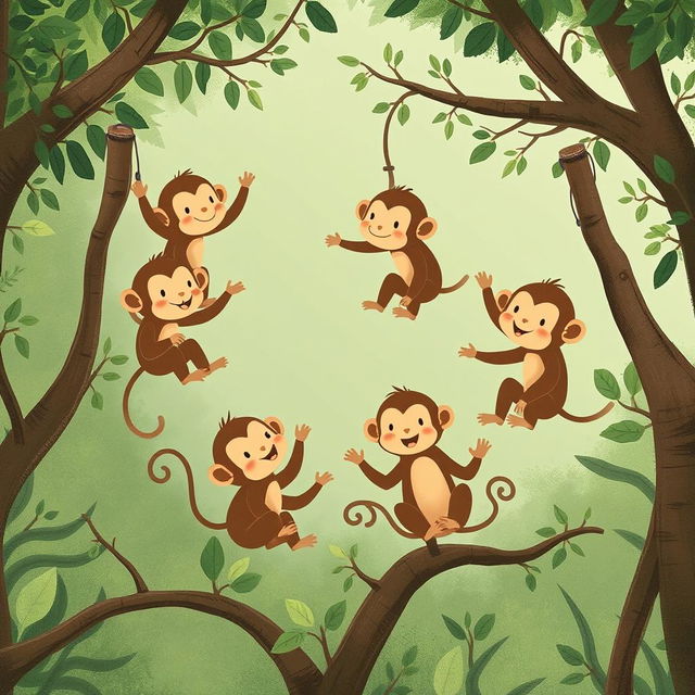 A group of cute little brown monkeys with happy expressions playing together in the treetops, illustrated in the distinctive style of Jon Klassen