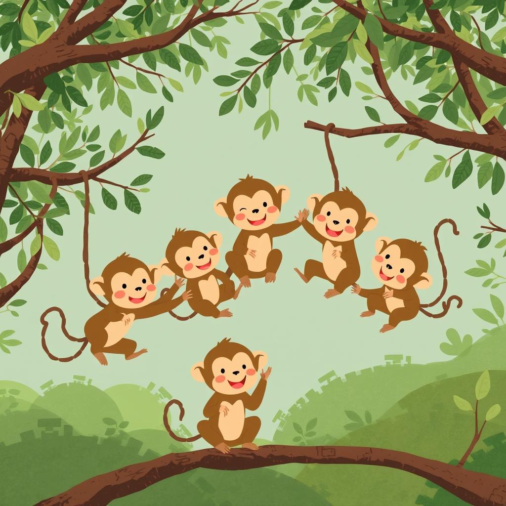 A group of cute little brown monkeys with happy expressions playing together in the treetops, illustrated in the distinctive style of Jon Klassen