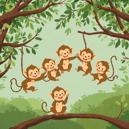 A group of cute little brown monkeys with happy expressions playing together in the treetops, illustrated in the distinctive style of Jon Klassen