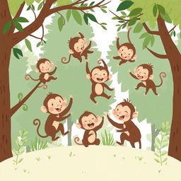 A group of cute little brown monkeys with happy expressions playing together in the treetops, illustrated in the distinctive style of Jon Klassen