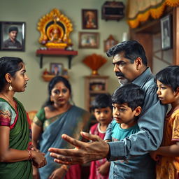 A depiction of a tense family argument in an Indian household with a middle-aged Indian man expressing anger towards his four family members