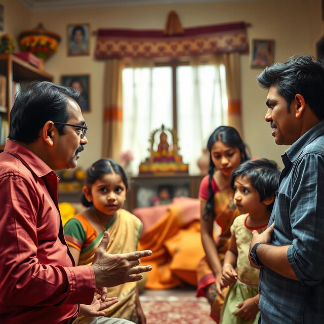 A depiction of a tense family argument in an Indian household with a middle-aged Indian man expressing anger towards his four family members